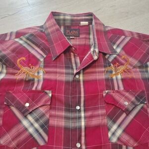 Plains Western Shirt Pearl Snap Scorpion Embroidered Red Plaid Short Sleeve XL